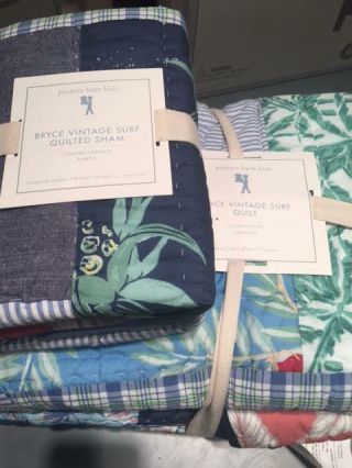 Pottery Barn Kids Bryce Vintage Surf Palm Tree Leaf Full Queen Quilt 2 Euros