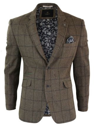 Mens Herringbone Tweed Brown Vintage Navy Check Fit Peaky Blinders Blazer Jacket