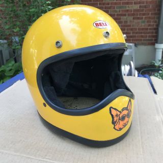 Vintage 1970’s Snell Bell Moto Yellow Full Face Helmet Star W/ Gran Prix Visor