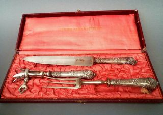 Antique Continental French Sterling Silver Handled Three Pc Carving Set
