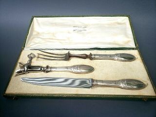 Antique Continental French Sterling Silver Handled Three Pc Carving Set Swans