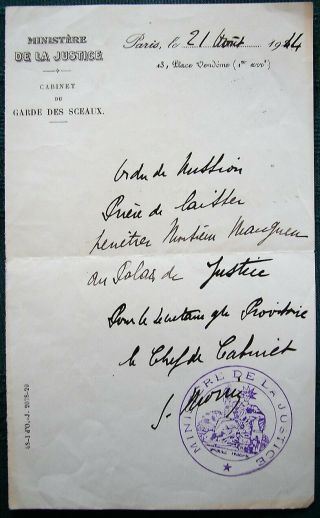 Occupied Paris Orig 1944 Pass Into The Ministry Of Justice
