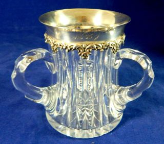 Antique Sterling Crown American Brilliant Cut Glass 3 Handle Loving Cup Spooner