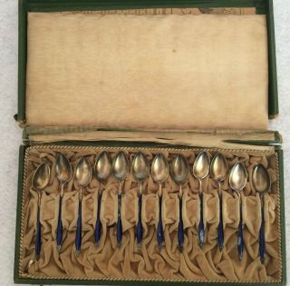 Antique Marius Hammer Norway Boxed Set Of 12 Sterling & Enamel Demitasse Spoons