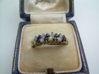 Vintage 9ct Gold Natural Opal & Sapphire Two Row Cluster Ring Size M 1/2.