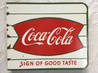 Vintage Porcelain Coca - Cola Fishtail 18”x15” Double Sided Flange Enamel Sign.