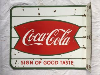 Vintage Porcelain Coca - Cola Fishtail 18”x15” Double Sided Flange Enamel Sign. 5