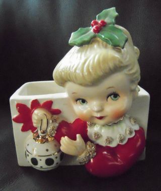 Rare Vintage Napco Christmas Girl Holly Green Eyed Head Vase Planter 1950s