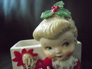RARE Vintage NAPCO Christmas GIRL Holly Green Eyed Head Vase Planter 1950s 2