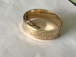 Vintage 9 ct gold metal core engraved wide bangle bracelet.  3/4”. 3