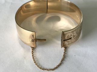 Vintage 9 ct gold metal core engraved wide bangle bracelet.  3/4”. 5