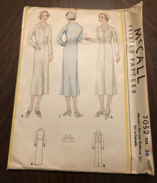 Mccall Printed Pattern 7052 1932 1930s Nurse Uniform Dress Vintage 30s Size 36