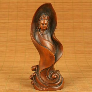 Blessing Unique Old Boxwood Hand Carved Kwan - Yin Buddha Statue Netsuke Figure