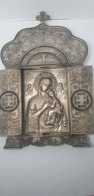 Vintage Silver Plated Icon Of Virgin Mary And Jesus Christ Triptych