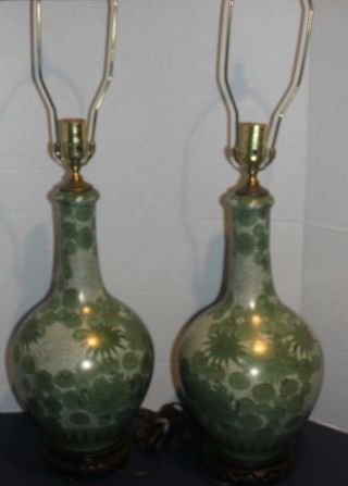 2 Vintage Asian Chinese Porcelain Floral Ginger Jar Table Lamps Footed Wood Base