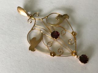 Large Antique Edwardian 1900’s 9 Ct Gold Garnet Pendant Lavalier Necklace Drop