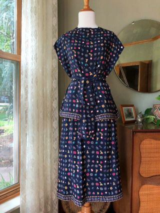 60s Pauline Trigere Silk Dress Set 1960s Navy Floral Designer Vintage Skirt Top