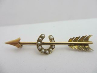 Seed Pearl Horseshoe Arrow 18k Gold Brooch Pin Antique Victorian C1880.  Tbj07119