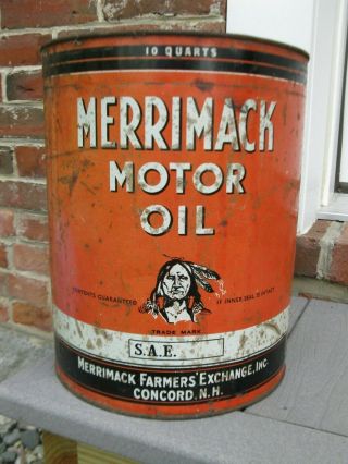 Vintage Merrimack Motor Oil Tin Can 8 Quart Native American Indian Logo