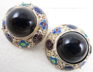 Gorgeous Sterling Silver Chinese Export Enamel Black Onyx Cabochon Earrings