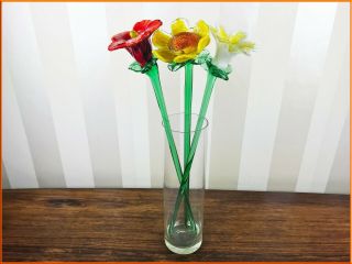 Vintage 3 X 49cm Large Murano Art Glass Flowers Display Sommerso Cased Long Stem