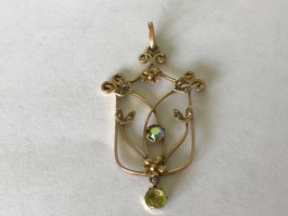 Large 2” Antique Art Noveau peridot paste seed pearl pendant lavalier. 2