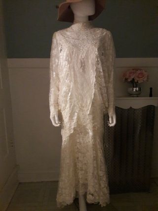 Vintage 80s 20s Flapper Victorian Boho Lace Ivory Wedding Avant Deco Dress M L