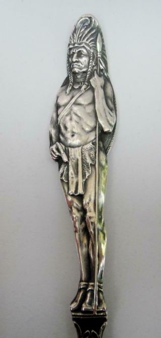 Antique Large Size Sterling Silver Souvenir Spoon Full Figural Indian Handle 