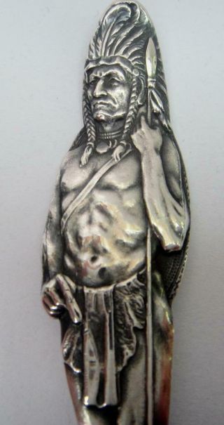 Antique Large Size Sterling Silver Souvenir Spoon Full Figural INDIAN Handle ' 16 4