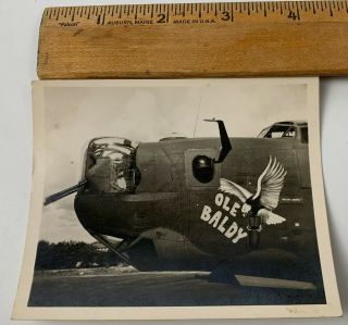Orig Wwii Photo Nose Art B - 24 Ole Baldy Bomber Aircraft Plane 445th Grp Crashed