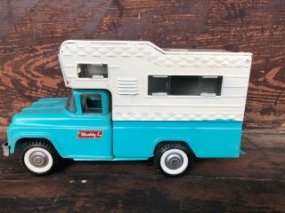 Vintage 1960s Buddy L Camper Shell Truck Pressed Steel Pickup Turquoise Blue