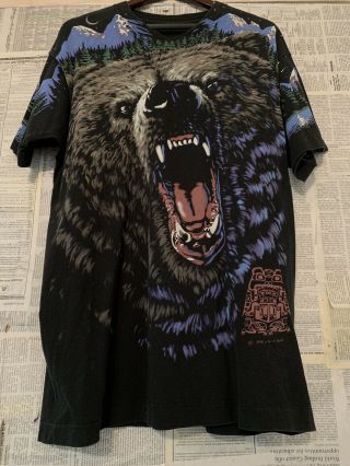 Vtg 90s Bear Animal All Over Print T - Shirt