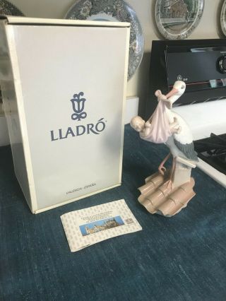 Rare Vintage 10 " Lladro Arrival Stork With Baby Figurine Glazed