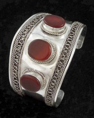 Vintage Carnelian Stones Sterling Silver Ethnic Cuff Bracelet - Signed