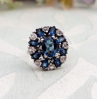 Vintage / Art Deco Sterling Silver Statement Blue And White Cluster Ring Size L