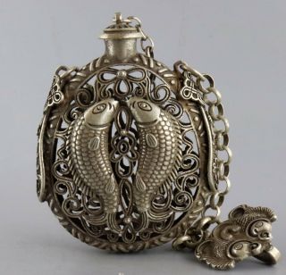 Collectable Antique Tibet Silver Carve Double Fish Moral Auspicious Snuff Bottle