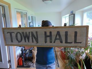 Antique wooden TOWN HALL Sign Maine country find with bracket 2