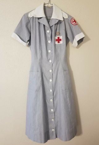 Vintage Post Wwii 1950s Red Cross Uniform Dress Xs,  Hat & Pin Cherry