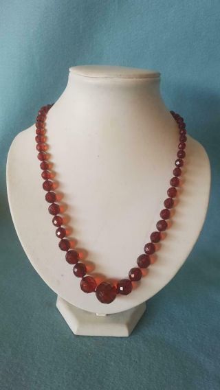 Stunning 1930s Art Deco Cherry Amber Faceted Bead Necklace Restrung & Clasp