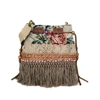 Big Bucket Bag Vintage Style Fringed,  Made Of Rose Fabric With Ribbon And Lace