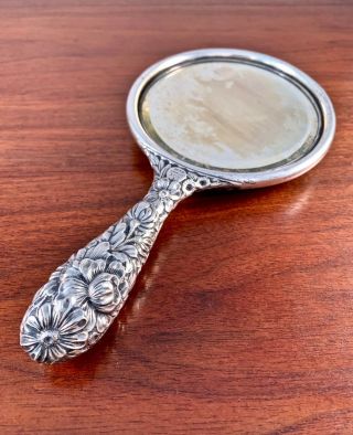 GORHAM CO.  ROUND STERLING SILVER REPOUSSE HAND MIRROR: NO MONOGRAM 4