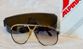 Vintage Alpina M1 Sunglasses,  Black And Gold,  Nos.  Case And Box.