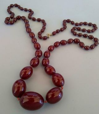 Vintage Cherry Red Amber Bead Necklace 60 Grams 14k Graduated 39 " Hand Knotted