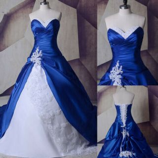 Vintage Royal Blue And White Wedding Dresses Gothic Lace Appliques Bridal Gowns