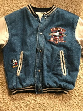 Vintage Disney Mickey Mouse / Blue Denim Quilt Lined Varsity Jacket / Sz Small