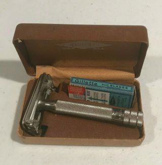 Vintage Gillette Fat Boy Double Edge Safety Razor With Case And Razor Blades