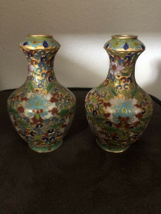 Set Of 2 Cloisone Enamel Flower And Bird Vases 5”