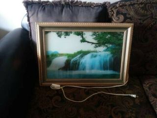 Vintage Motion Light - Up Waterfall Gold Framed Picture W/sound Of Water And Birds