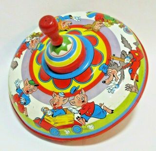 Ohio Art Company Tin Litho Spinning Top Three Little Pigs And The Big Bad Wolf