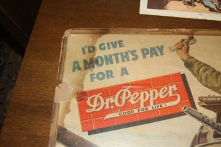 RARE VINTAGE DR PEPPER CARDBOARD WWII SIGN IN POOR 2